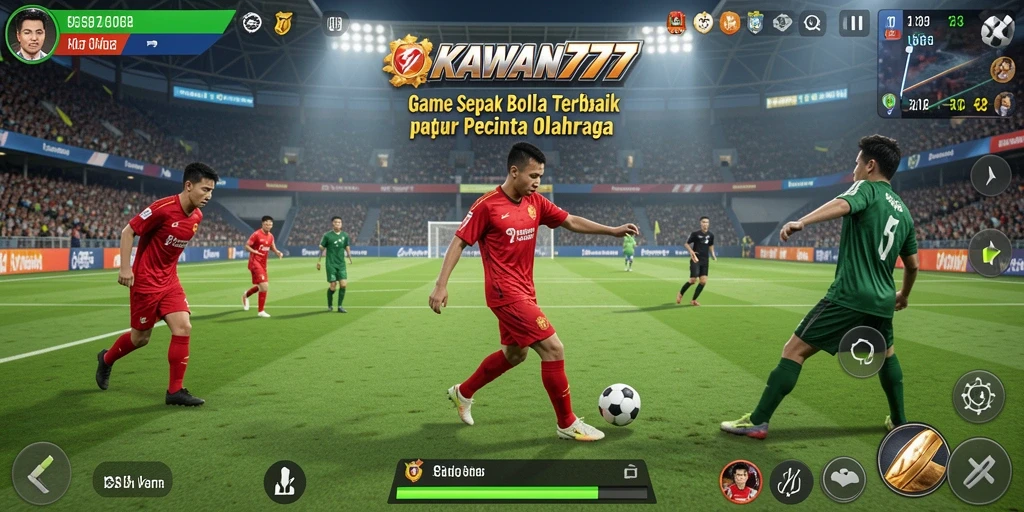 Screenshot gameplay KAWAN777 menampilkan aksi seru di lapangan sepak bola.