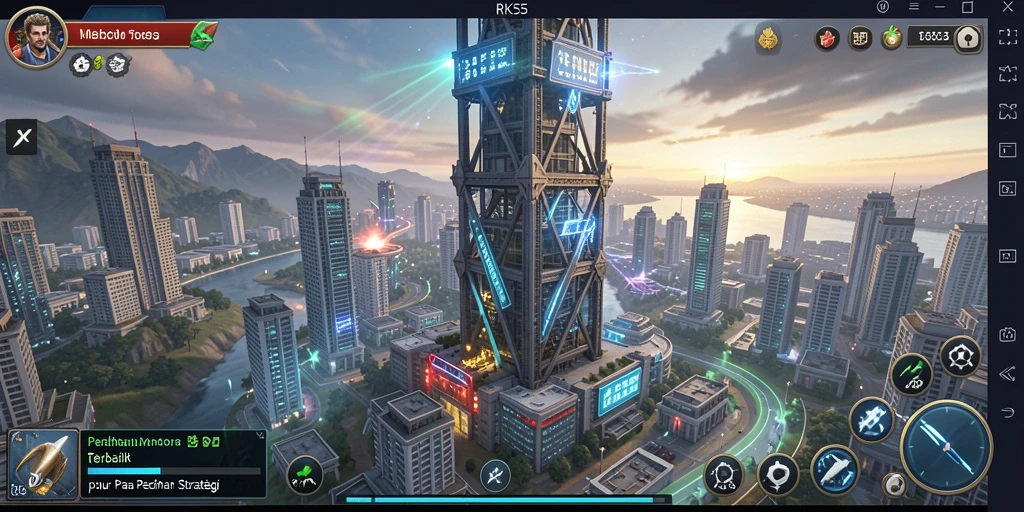 Screenshot RK55 menampilkan aksi menara pertahanan melawan gelombang musuh yang menarik.
